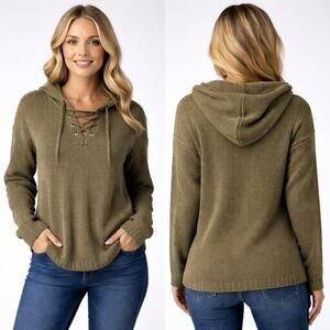 BKE Hooded Lace Up Sweater Womens Medium Olive Ribbed Knit Hoodie Boho